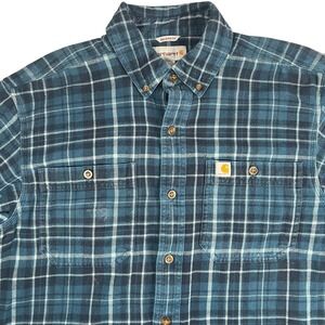 Carhartt Relaxed Fit Blue Plaid Flannel Button Up Shirt Mens Medium Workwear